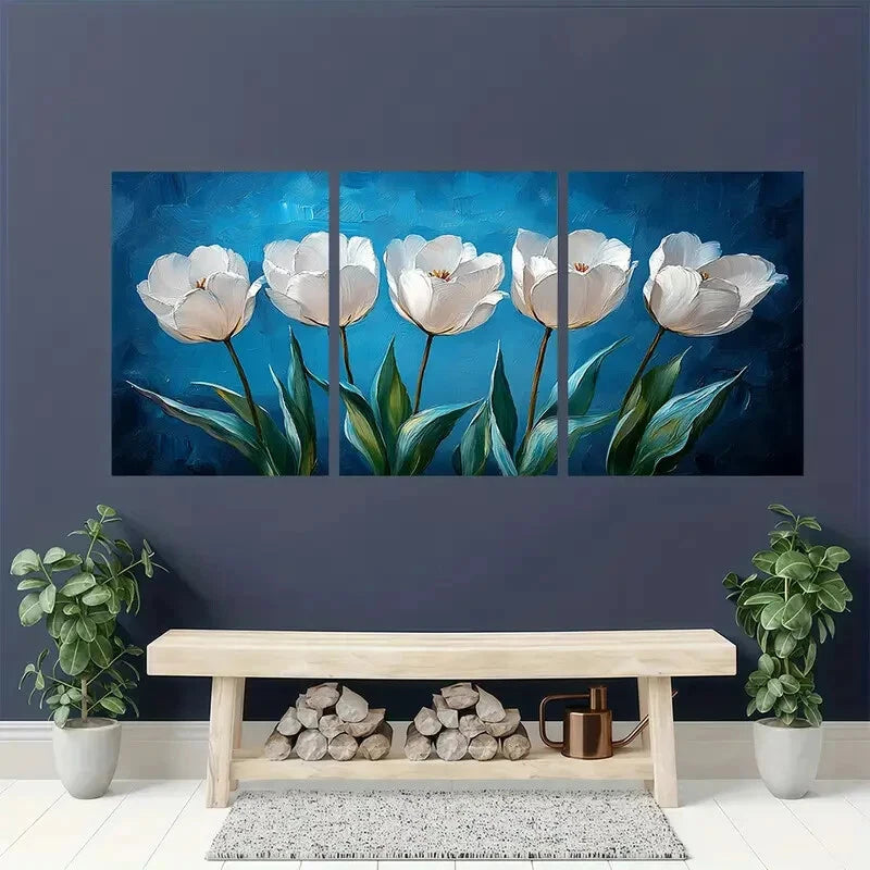 3pcs Elegant White Tulips Blue Background Floral Metal Print Ready to Hang Art - Bella Home Decor
