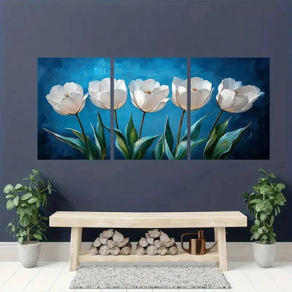 3pcs Elegant White Tulips Blue Background Floral Metal Print Ready to Hang Art - Bella Home Decor