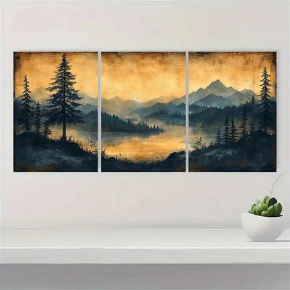 3pcs Vintage Sketch Pine Tree Artwork Landscape Metal Print Ready to Hang Art - Bella Home Decor