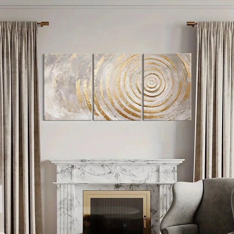 3pcs Abstract Art Golden Spirals Metallic Accents Metal Print Ready to Hang Art - Bella Home Decor