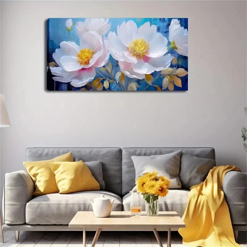 Modern Yellow White Flowers Wall Art Canvas Office Home Room Framed 120x60cm - Bella Home Decor