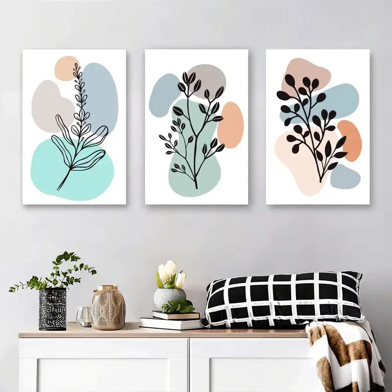 3pcs Abstract Leaf Soft Green Beige and Blue Metal Print Ready to Hang Art - Bella Home Decor