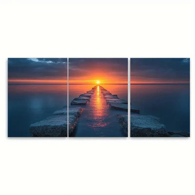 3pcs Serene Coastal Jetty Sunset Canvas  Wall Art Set Canvas Framed 40x60cm - High Quality Print 100% Australian Made Wall Canvas Ready to Hang