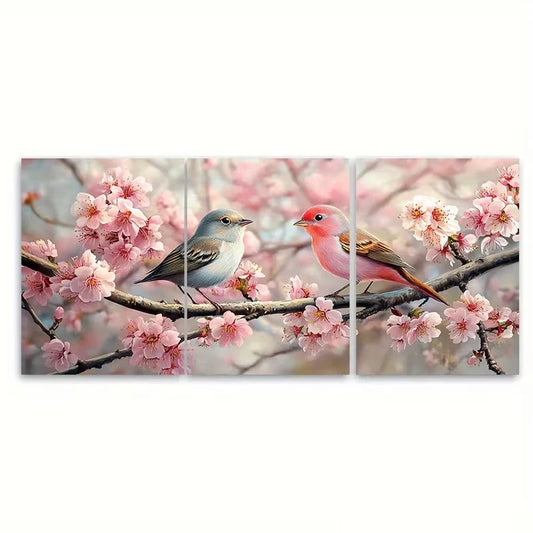 3pcs Pink Birds Cherry Blossom Butterflies Metal Print Ready to Hang Art