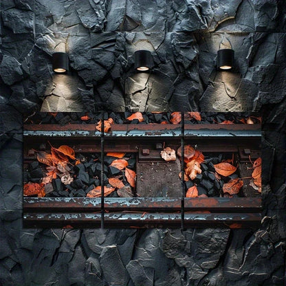 3pcs Old Train Tracks with Fallen Leaves & Rocks Metal Print Ready to Hang Art