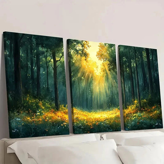 3pcs Sunlit Forest Glade Watercolor FG Wall Art Set Canvas Framed 40x60cm - High Quality Print 100% Australian Made Wall Canvas Ready to Hang
