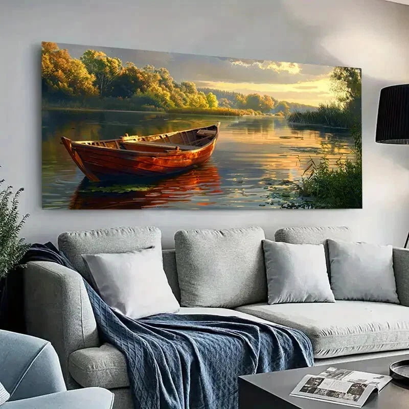 River sunset  lonely boat   wall canvas office home room framed 120x60cm - Bella Home Decor