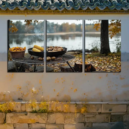 3pcs Outdoor Barbecue Scenery with lake View Metal Print Ready to Hang Art - Bella Home Decor