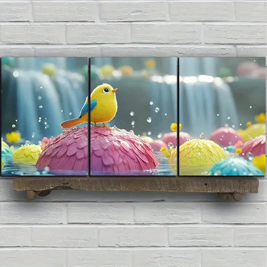 3pcs The Bird on the Petals Mural Painting Metal Print Ready to Hang Art