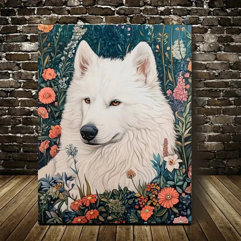Cute Samoyed Dog with Vibrant Floral Design 40x60cm Metal Print Ready to Hang - Bella Home Decor