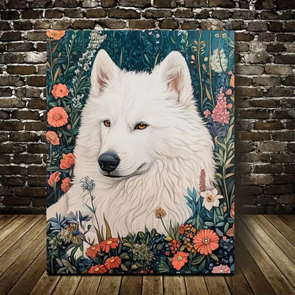 Cute Samoyed Dog with Vibrant Floral Design 40x60cm Metal Print Ready to Hang - Bella Home Decor