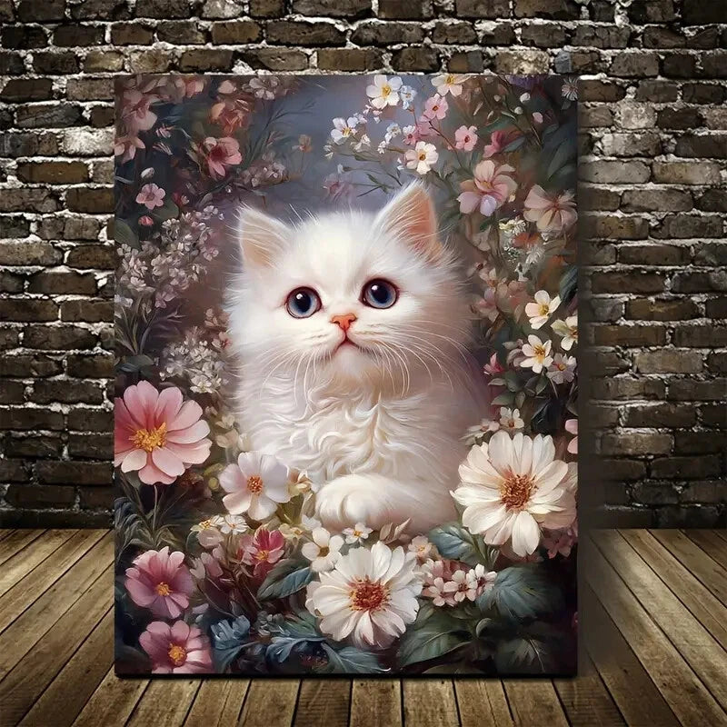 Adorable White Persian Kitten Amidst Vibrant Flowers 40x60cm Metal Print Ready to Hang - Bella Home Decor