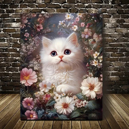 Adorable White Persian Kitten Amidst Vibrant Flowers 40x60cm Metal Print Ready to Hang - Bella Home Decor
