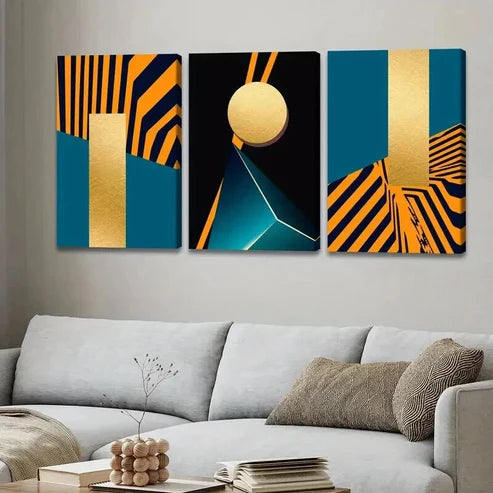 3pcs Geometric Orange & Golden Abstract Designs Set Canvas Unframed - High Quality Print 100% Australian Made Wall Canvas - Bella Home Decor