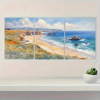 3pcs Sonoma Watercolor Coastline with Cliffs Metal Print Ready to Hang Art - Bella Home Decor