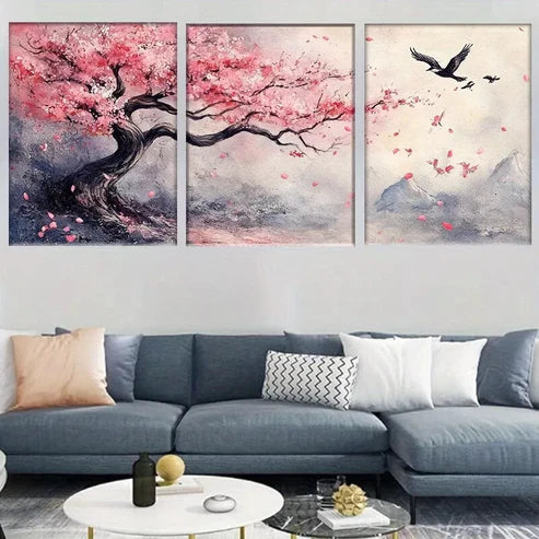 3pcs Cherry Blossom Tree and Flying Birds Wall Art Set Canvas Framed 60x90cm - High Quality Print 100% Australian Made Wall Canvas Ready to Hang