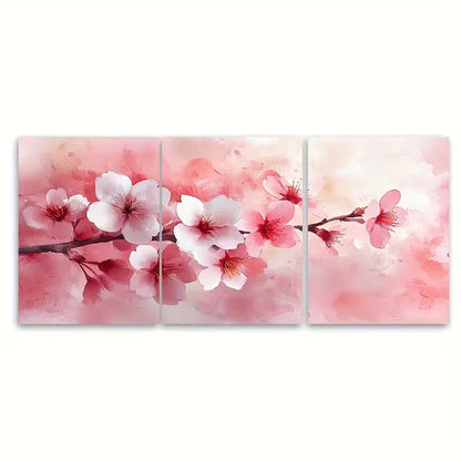 3pcs Soft Pink and White Sakura Blossom Watercolor Metal Print Ready to Hang Art