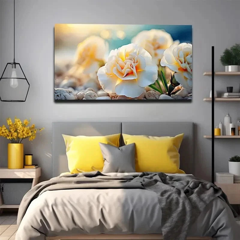 Serene White Flowers Wall Art Canvas Office Home Room Framed 120x60cm