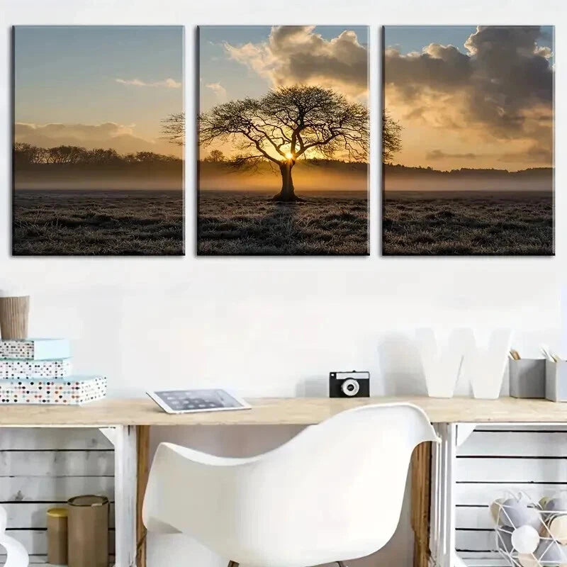3pcs Tree Of Life On Prairie Sunset Landscape Wall Art Set Canvas Framed 60x90cm - High Quality Print 100% Australian Made Wall Canvas Ready to Hang - Bella Home Decor