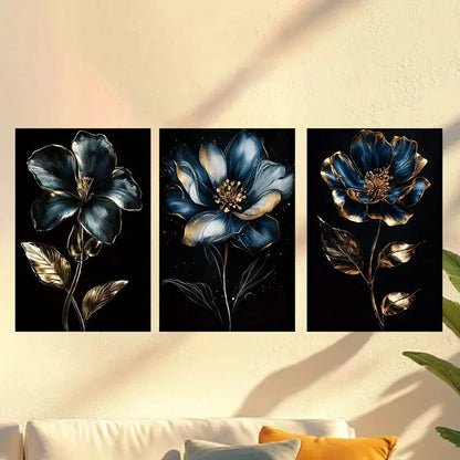 3pcs Portrait Black and Blue Flowers Wall Art Set Canvas Framed 40x60cm - High Quality Print 100% Australian Made Wall Canvas Ready to Hang