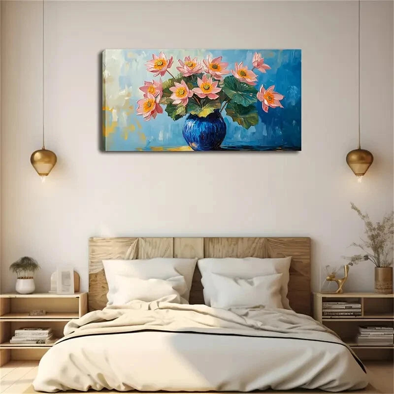 Blue Vase Pink Lotus Flowcers Wall Art Canvas Office Home Room Framed 120x60cm - Bella Home Decor