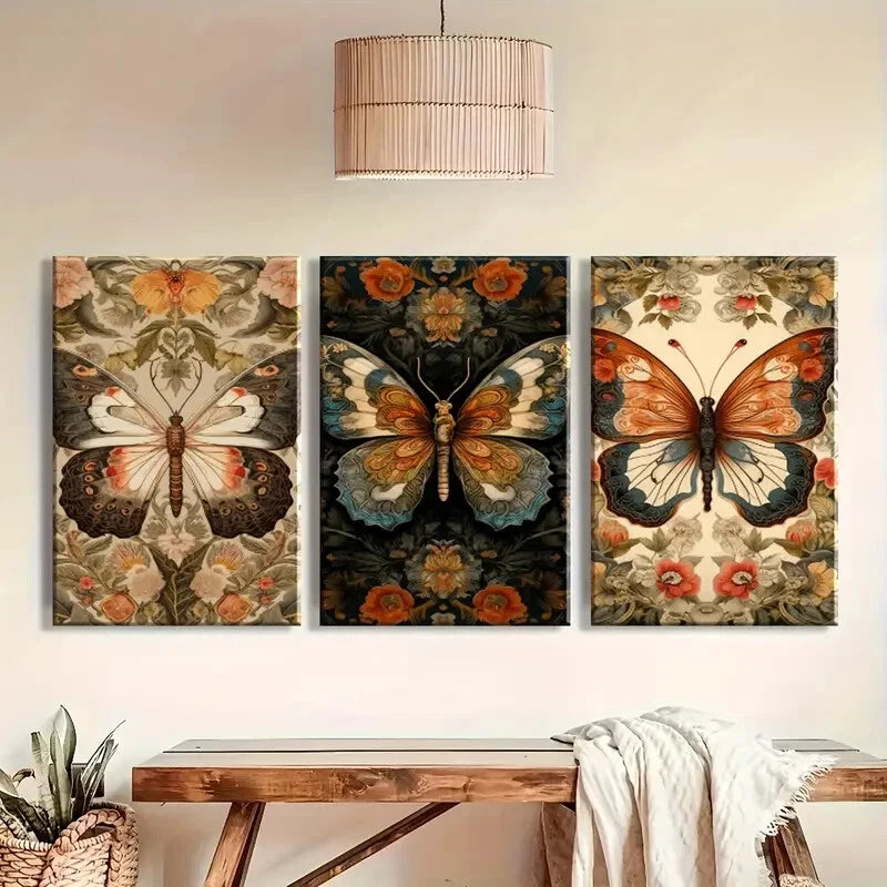 3pcs Vintage Orange Black and White Butterflies Metal Print Ready to Hang Art - Bella Home Decor