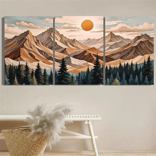 3pcs Sun Mountains Trees Scenery Metal Print Ready to Hang Art