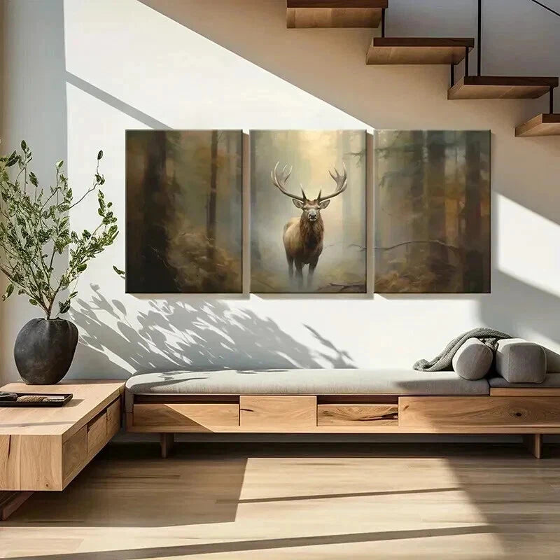 3pcs Vintage Red Deer in Foggy Forest Wall Art Set Canvas Framed 40x60cm - High Quality Print 100% Australian Made Wall Canvas Ready to Hang - Bella Home Decor