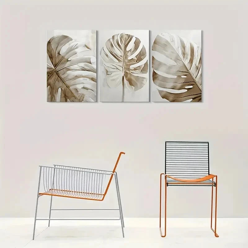 3pcs Abstract Leaf Botanical Beige & White Metal Print Ready to Hang Art - Bella Home Decor