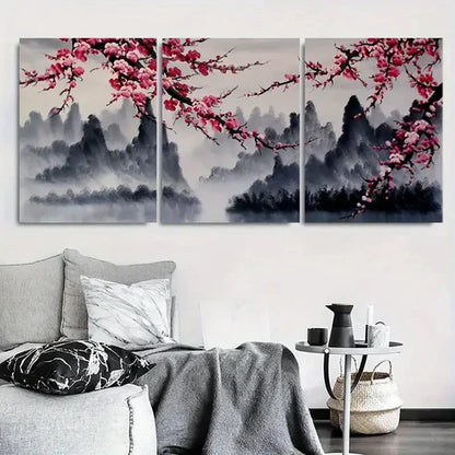 3pcs Misty Mountain Cherry Blossom Wall Art Set Canvas Unframed - High Quality Print 100% Australian Made Wall Canvas