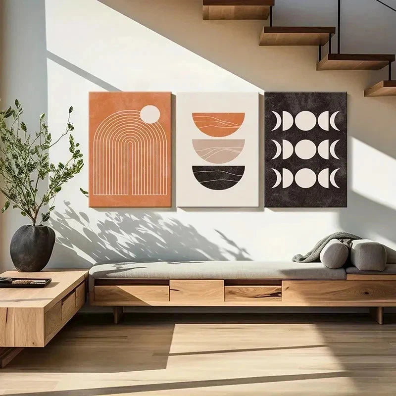 3pcs Abstract Bohemian Geometric & Sun Phases Wall Art Set Canvas Framed 50x70cm - High Quality Print 100% Australian Made Wall Canvas Ready to Hang - Bella Home Decor