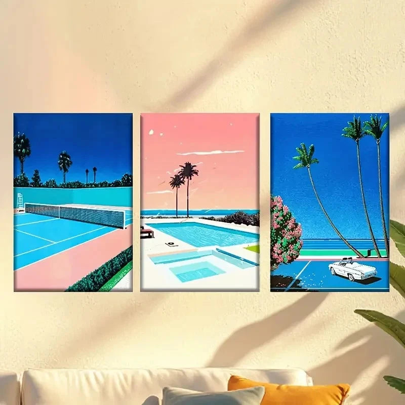 3pcs Tennis Court and Palm Trees Wall Art Set Canvas Framed 50x70cm - High Quality Print 100% Australian Made Wall Canvas Ready to Hang