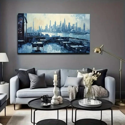 Blue-Toned River View Coffee Wall Art Canvas Office Home Room Framed 120x60cm