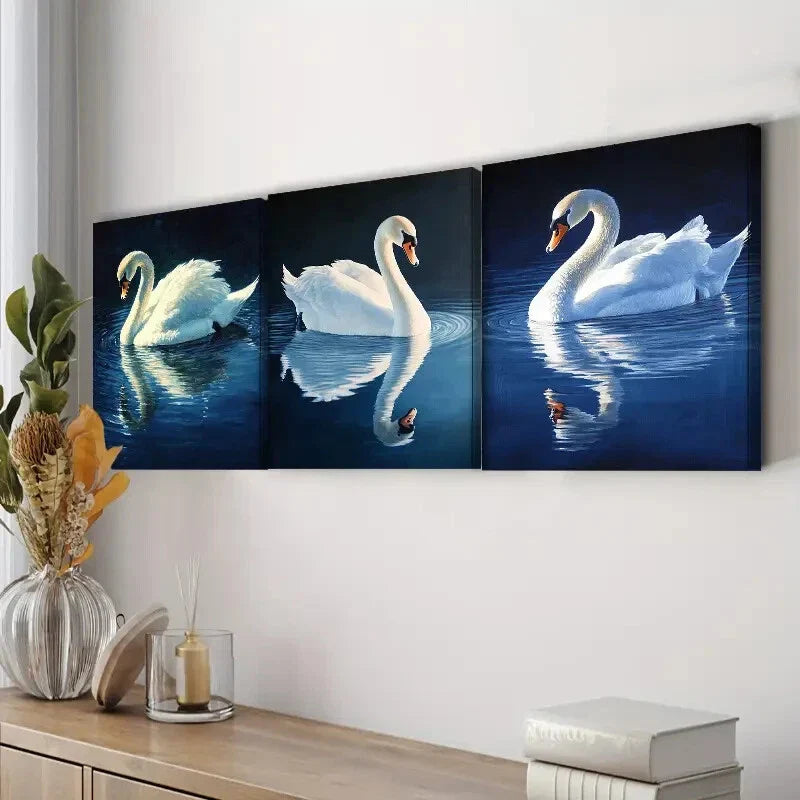 3pcs Swans On Lake Blue Luxurious Home Décor Wall Art Set Canvas Unframed - High Quality Print 100% Australian Made Wall Canvas