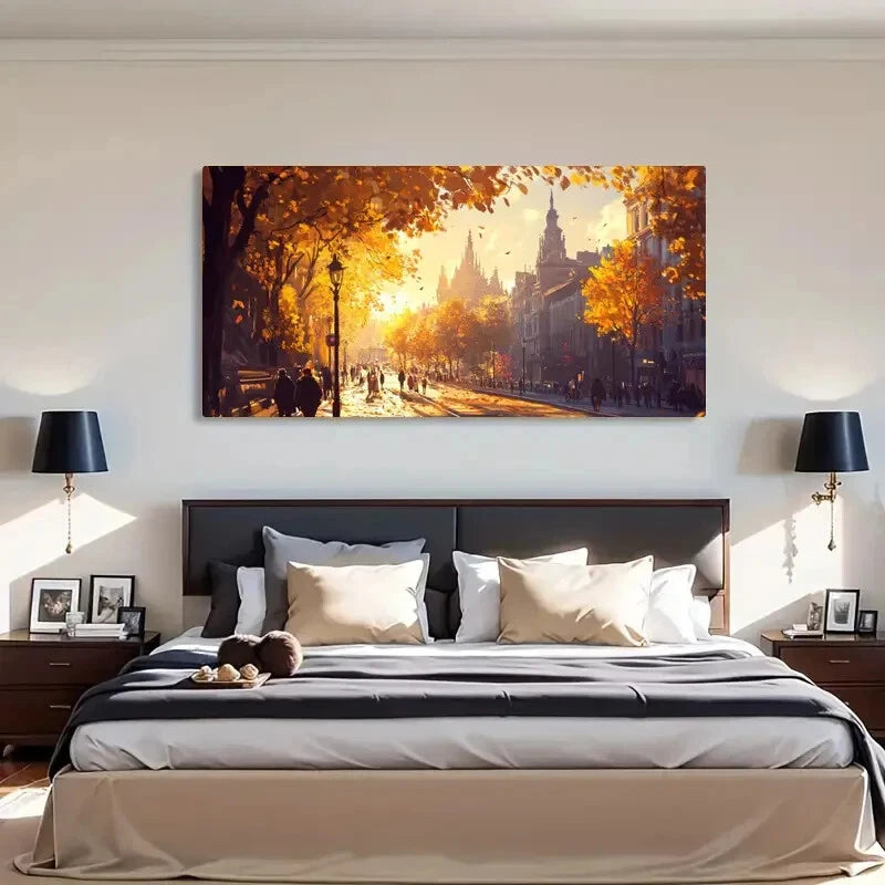 Autumn Cityscape Vibrant Yellow Wall Art Canvas Office Home Room Framed 120x60cm