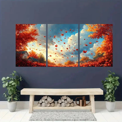 3pcs Giclee Autumn Landscape Falling Leaves Metal Print Ready to Hang Art - Bella Home Decor