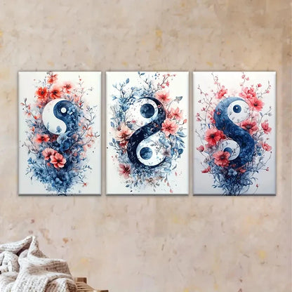 3pcs Three Paintings of Flowers and Yin Symbols Wall Art Set Canvas Framed 50x70cm - High Quality Print 100% Australian Made Wall Canvas Ready to Hang - Bella Home Decor