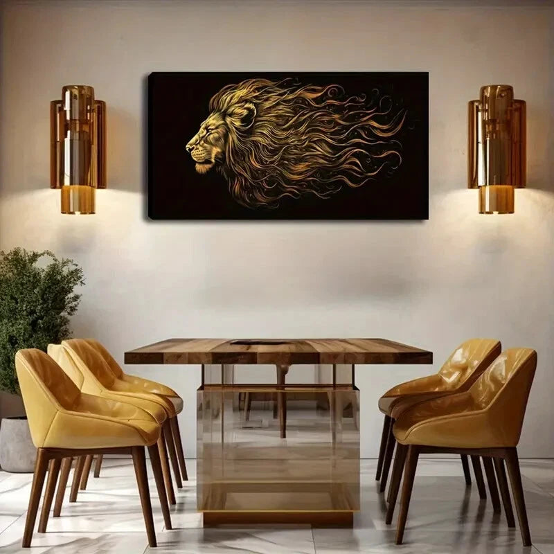 Lion'S Golden Fur in Blcack Wall Art Canvas Office Home Room Framed 120x60cm - Bella Home Decor
