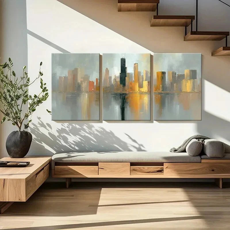 3pcs Abstract Cityscape Reflection Urban Skyline Metal Print Ready to Hang Art