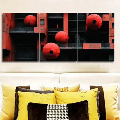 3pcs The red ball on the wall Wall Art Set Canvas Unframed - High Quality Print 100% Australian Made Wall Canvas