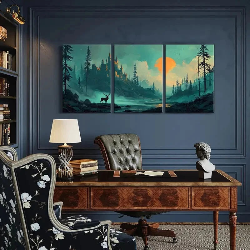 3pcs Mystical Castle Landscape Deer Silhouette Metal Print Ready to Hang Art - Bella Home Decor