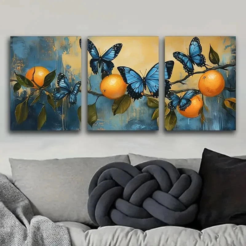 3pcs Blue Butterfly And Orange Trees Wall Art Set Canvas Framed 50x70cm - High Quality Print 100% Australian Made Wall Canvas Ready to Hang - Bella Home Decor