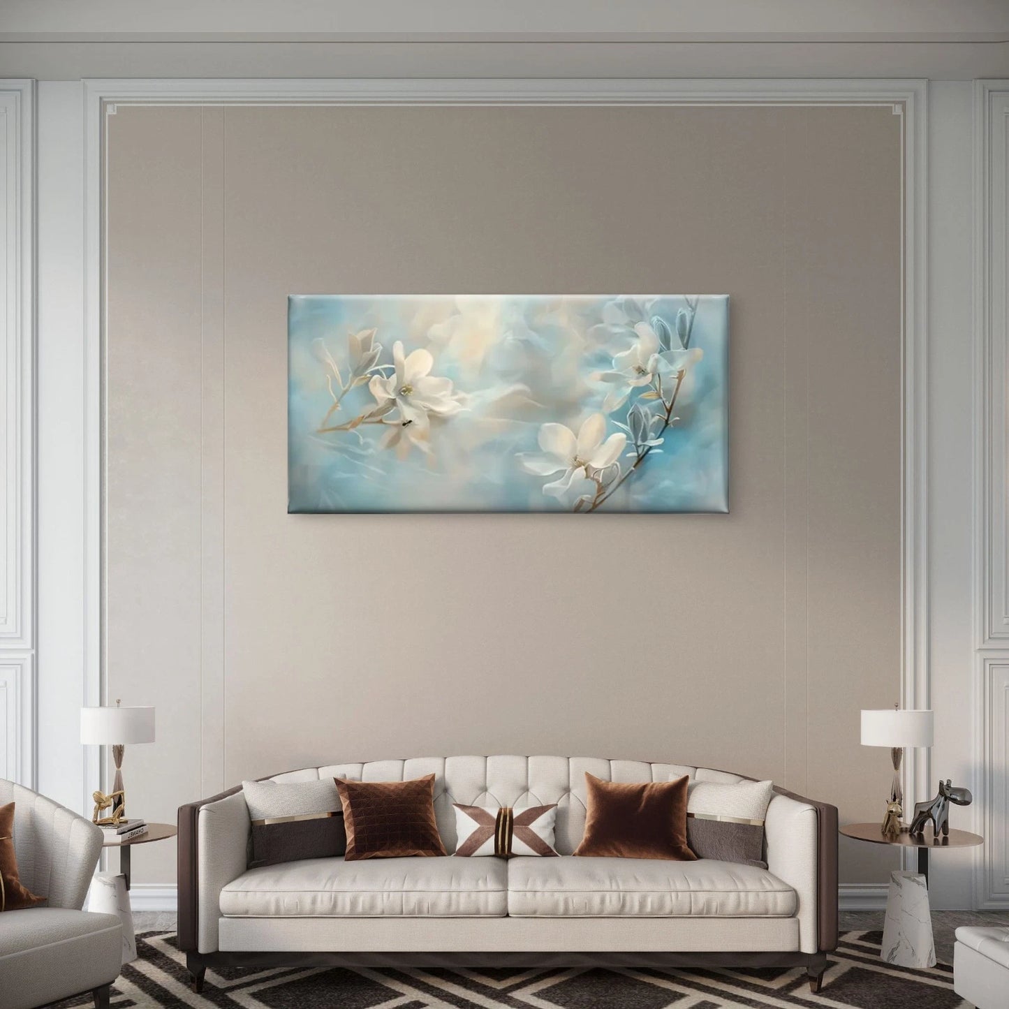White Flowers Blue White Wall Art Canvas Office Home Room Framed 120x60cm
