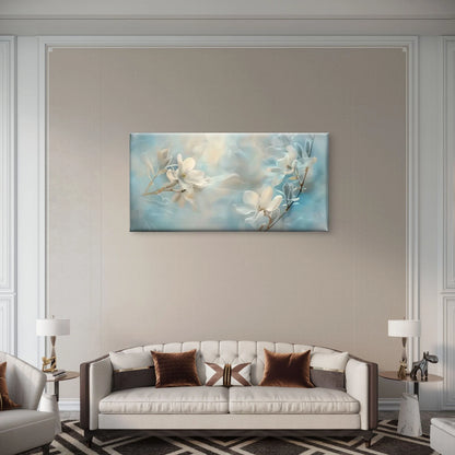 White Flowers Blue White Wall Art Canvas Office Home Room Framed 120x60cm