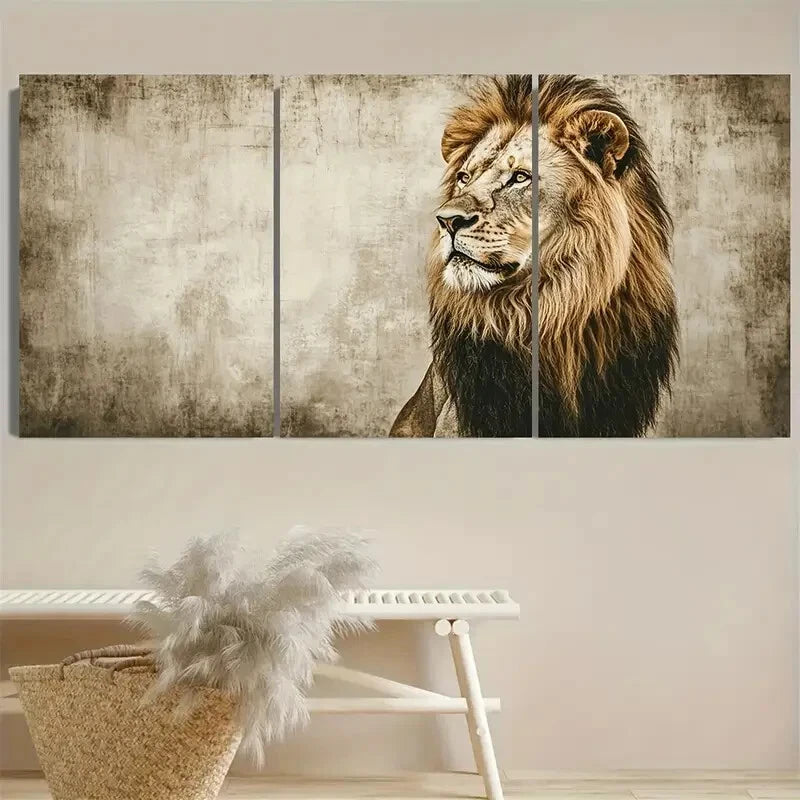 3pcs Detailed Lion Portrait with Rustic Design Metal Print Ready to Hang Art - Bella Home Decor