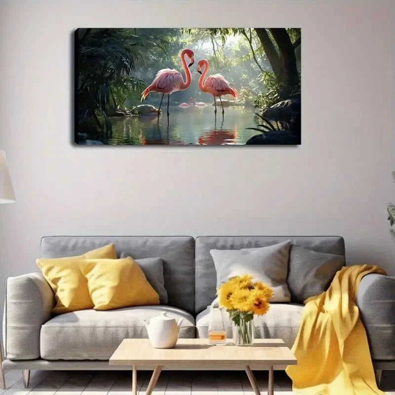 Two Flamingos in Water Modern Wall Art Canvas Office Home Room Framed 120x60cm - Bella Home Decor