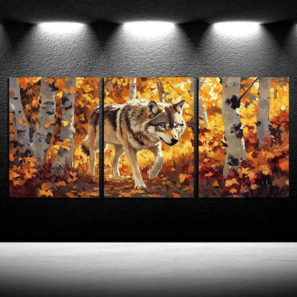 3pcs Lonely Wolf Dry leaves Autumn Scene Metal Print Ready to Hang Art - Bella Home Decor