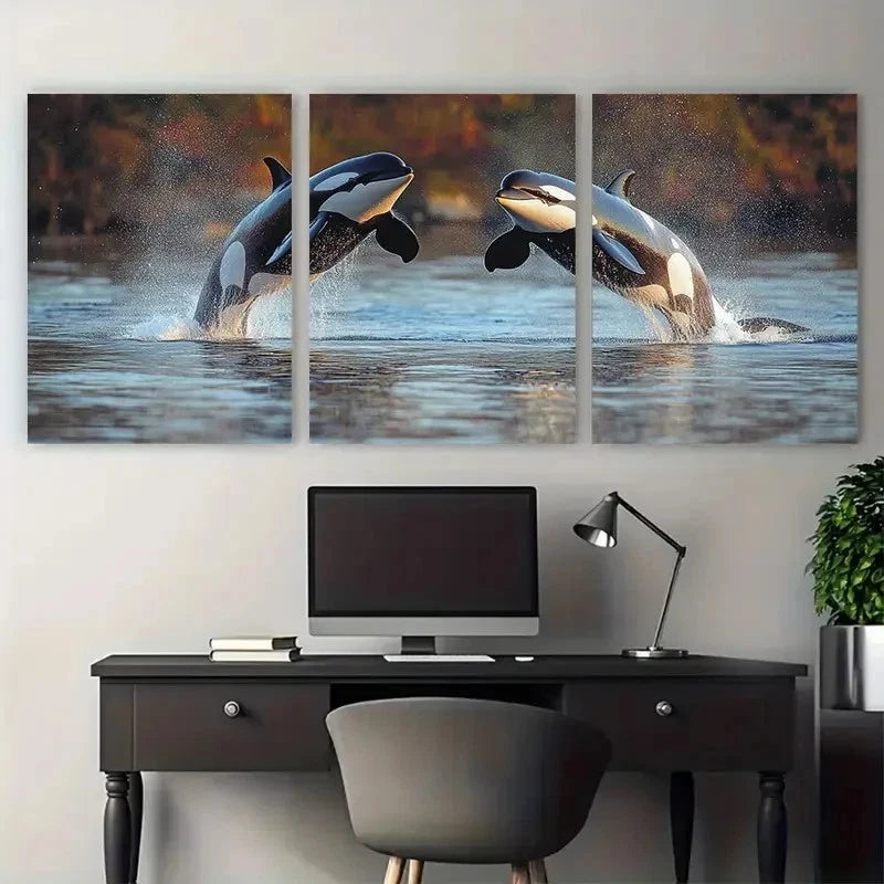 3pcs Orca Leaping Killer Whales in Ocean Sea Wall Art Set Canvas Framed 60x90cm - High Quality Print 100% Australian Made Wall Canvas Ready to Hang