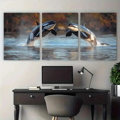 3pcs Orca Leaping Killer Whales in Ocean Sea Wall Art Set Canvas Framed 60x90cm - High Quality Print 100% Australian Made Wall Canvas Ready to Hang