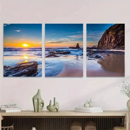 3pcs Sunset Beach Orange & Blue Seascape Wall Art Set Canvas Unframed - High Quality Print 100% Australian Made Wall Canvas